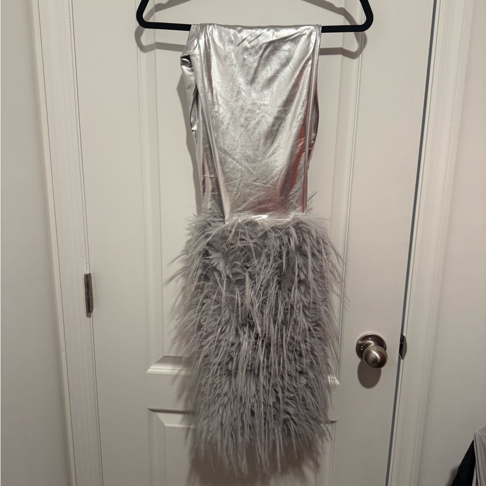 Silver Metallic Dress with Faux Fur Pants